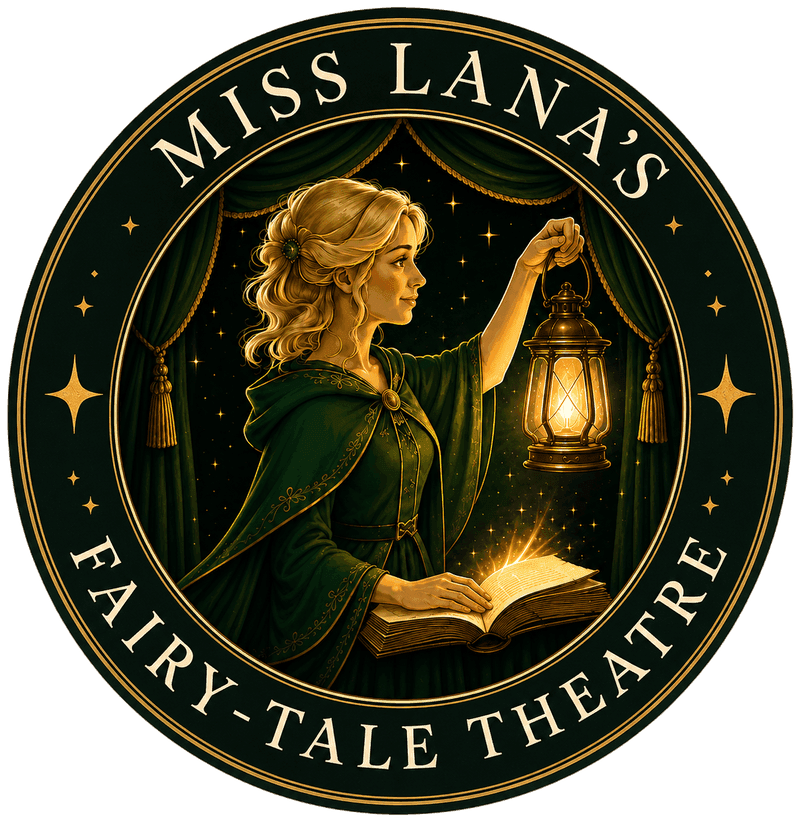 Miss Lana’s Fairy-Tale Theatre emblem — the illustrated Miss Lana holding a lantern.